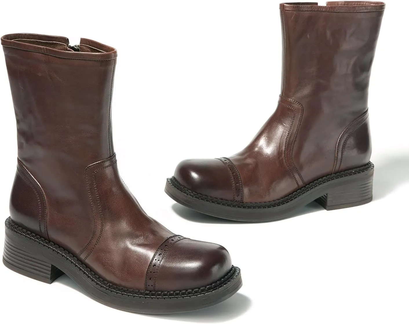 Women's Mid-Calf Cowboy Boots Western Style Zipper Boots Genuine Leather Chunky Heel Perfect for Skirts and Jeans