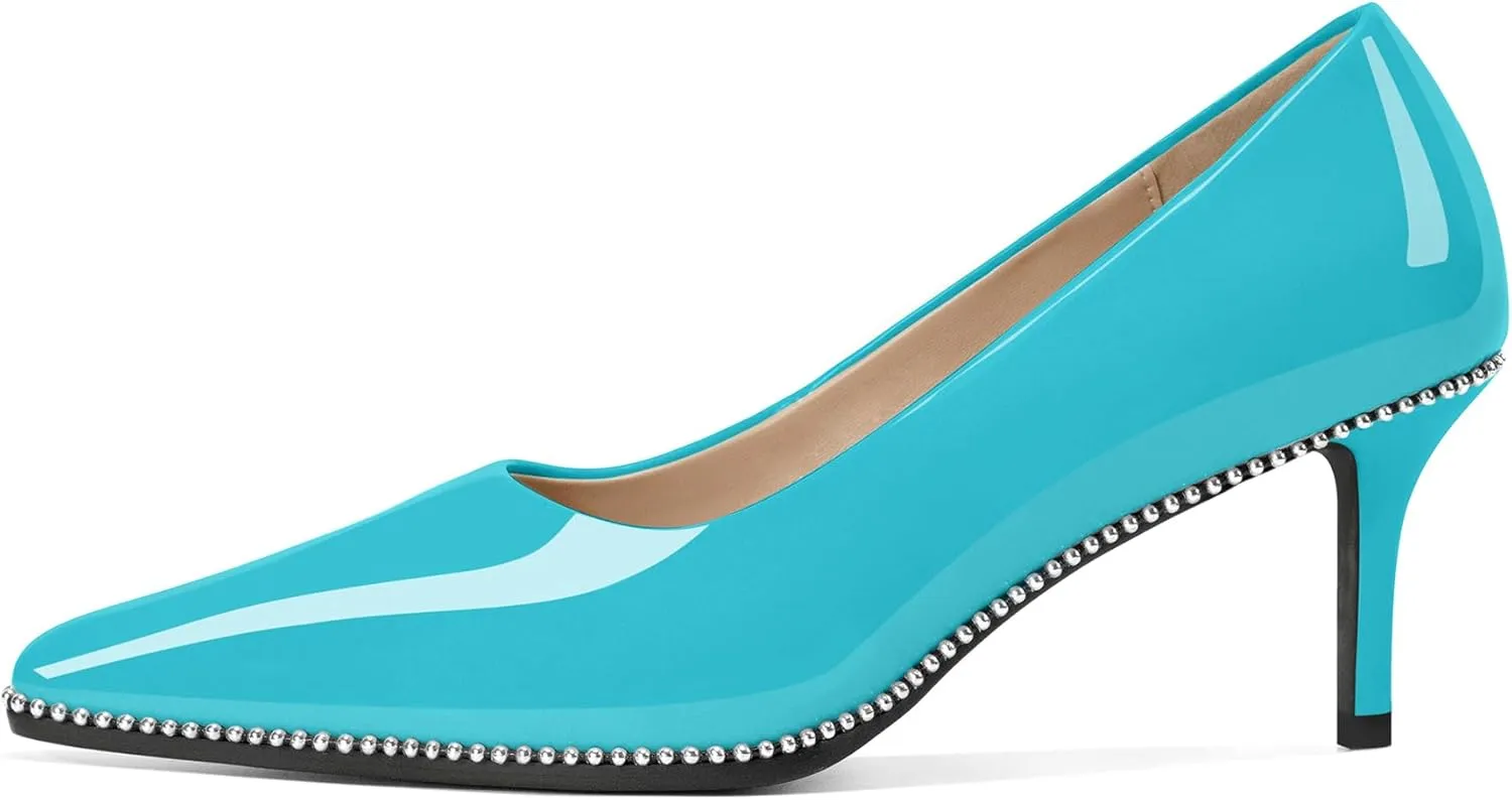 Women's Mid Stiletto Heels Low Kitten Heels Closed Pointey Toe Pumps Slip-on Sliver Beads Pumps Ladies Work Office Dress Shoes 2.5 Inches
