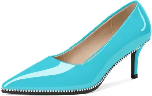 Women's Mid Stiletto Heels Low Kitten Heels Closed Pointey Toe Pumps Slip-on Sliver Beads Pumps Ladies Work Office Dress Shoes 2.5 Inches
