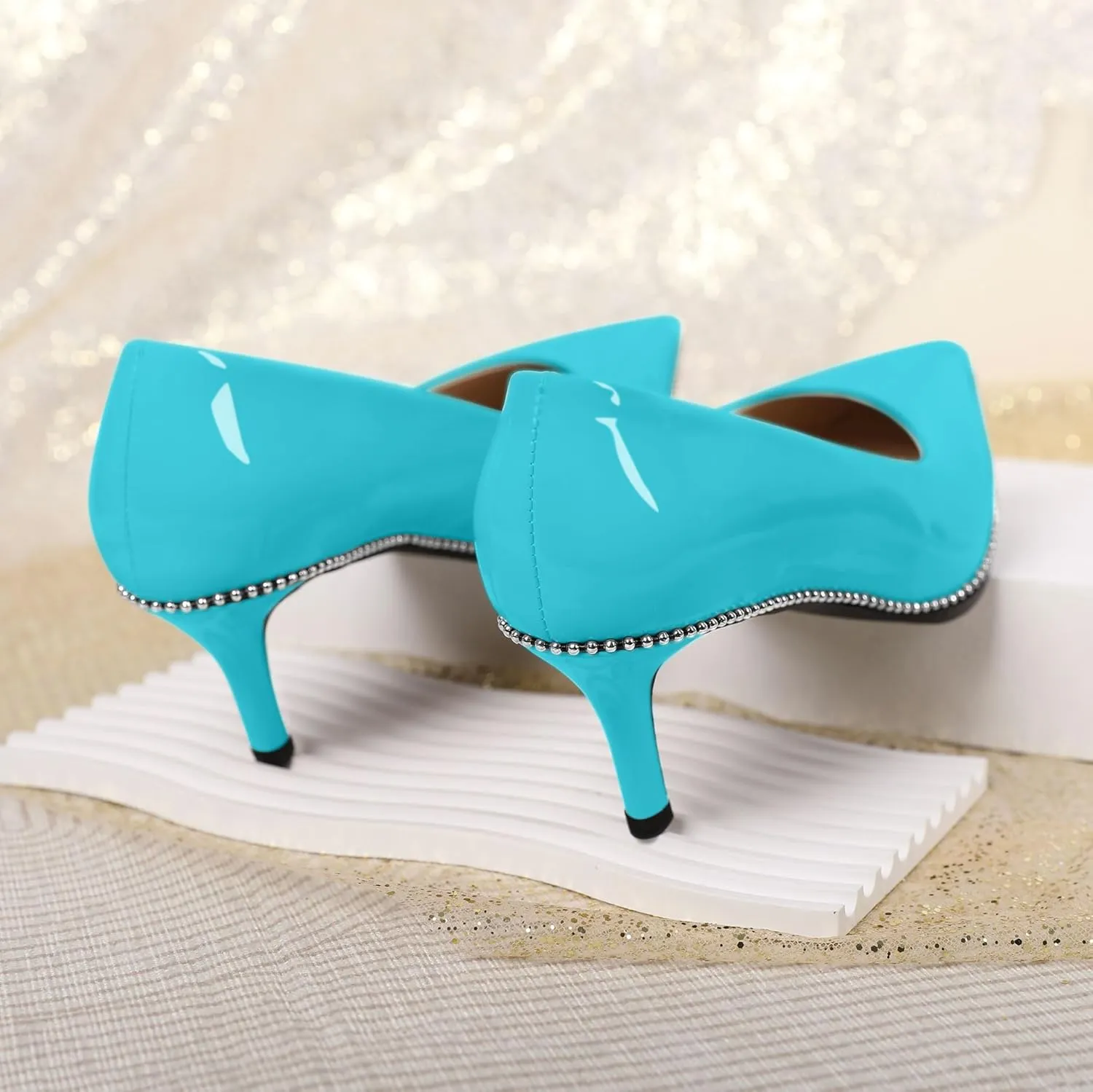 Women's Mid Stiletto Heels Low Kitten Heels Closed Pointey Toe Pumps Slip-on Sliver Beads Pumps Ladies Work Office Dress Shoes 2.5 Inches