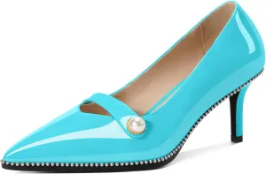 Women's Mid Stiletto Heels Low Kitten Heels Closed Pointey Toe Pumps Slip-on with Pearl Sliver Beads Pumps Ladies Work Office Dress Shoes 2.5 Inches