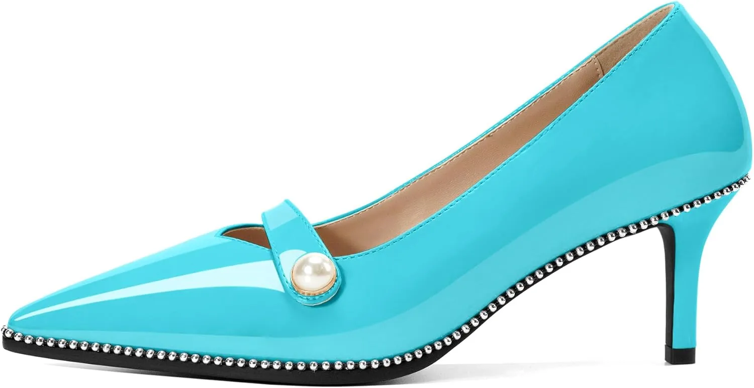 Women's Mid Stiletto Heels Low Kitten Heels Closed Pointey Toe Pumps Slip-on with Pearl Sliver Beads Pumps Ladies Work Office Dress Shoes 2.5 Inches