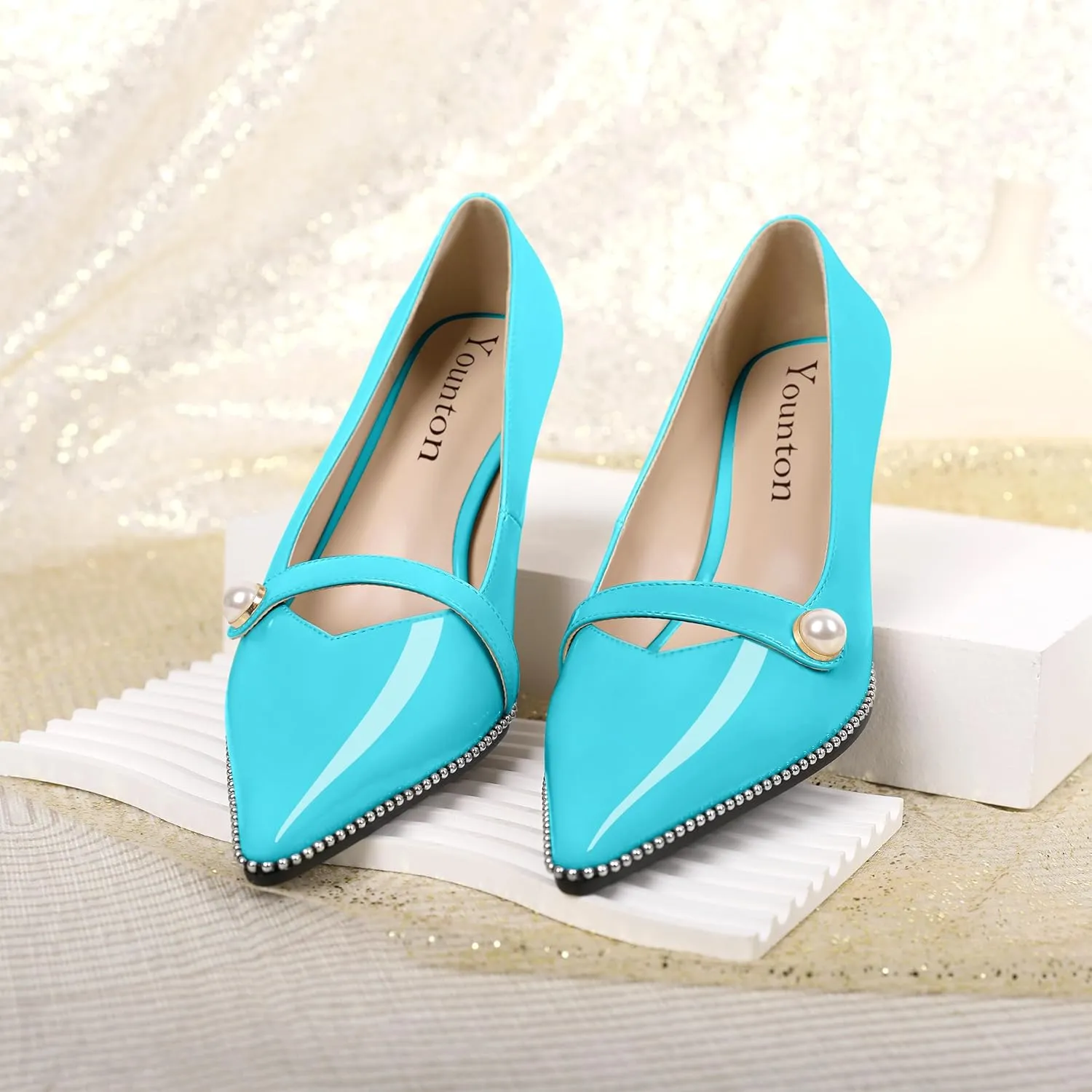 Women's Mid Stiletto Heels Low Kitten Heels Closed Pointey Toe Pumps Slip-on with Pearl Sliver Beads Pumps Ladies Work Office Dress Shoes 2.5 Inches