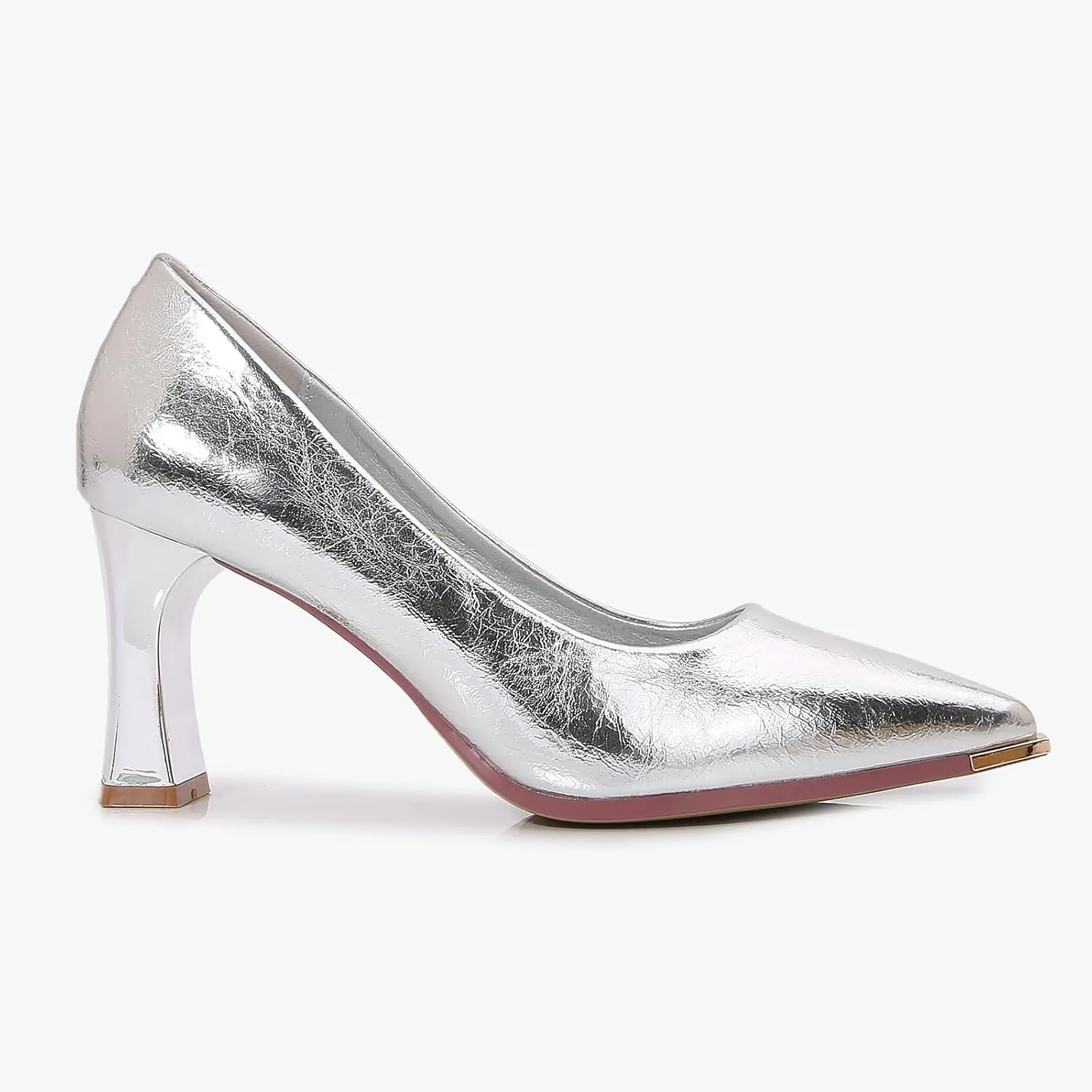 Women's Patent Block Heel Pumps, Pointed Toe with Metal Tip