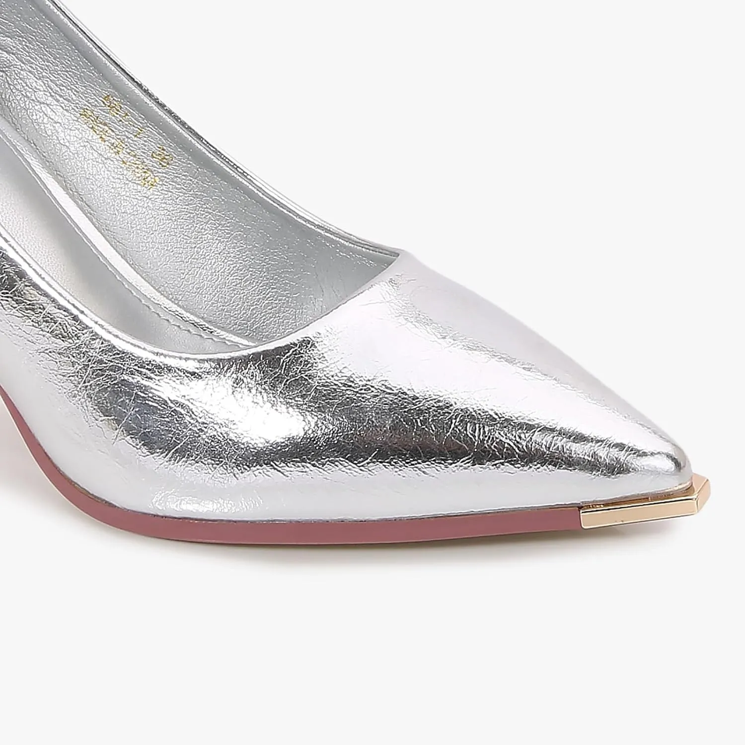 Women's Patent Block Heel Pumps, Pointed Toe with Metal Tip