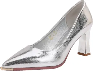 Women's Patent Block Heel Pumps, Pointed Toe with Metal Tip