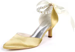 Women's Pearl White Low Heel Comfortable Pointed Toe Wedding Shoes for Bride - Satin Bridal Pumps Sandals for Prom Party Dress