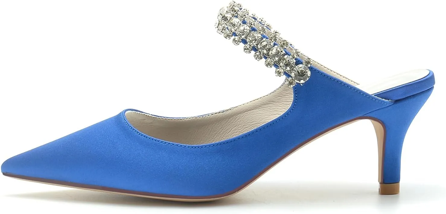 Women's Pointed Satin Rhinestone Prom Party Dress Pumps Closed Bridal Dress Heeled Sandals Wedding Shoes Slingback
