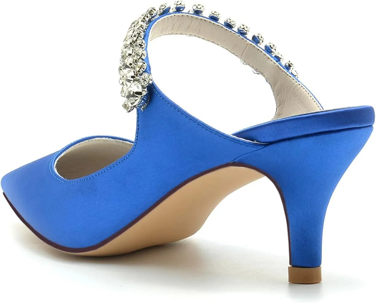 Women's Pointed Satin Rhinestone Prom Party Dress Pumps Closed Bridal Dress Heeled Sandals Wedding Shoes Slingback