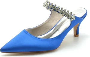 Women's Pointed Satin Rhinestone Prom Party Dress Pumps Closed Bridal Dress Heeled Sandals Wedding Shoes Slingback