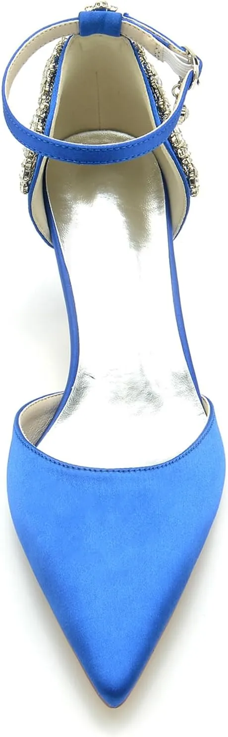 Womens Pointed Toe Ankle Strap Court Shoes Dress Pumps for Bridal with Rhinestone Mid Heel Satin Wedding Shoes