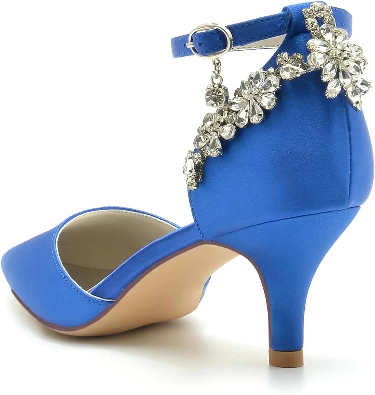 Womens Pointed Toe Ankle Strap Court Shoes Dress Pumps for Bridal with Rhinestone Mid Heel Satin Wedding Shoes