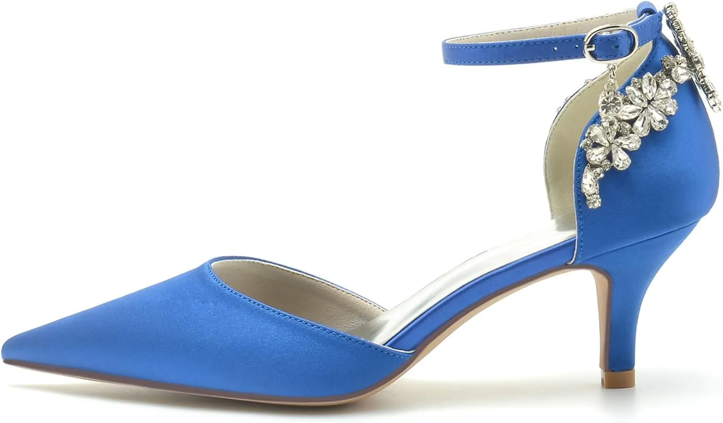 Womens Pointed Toe Ankle Strap Court Shoes Dress Pumps for Bridal with Rhinestone Mid Heel Satin Wedding Shoes