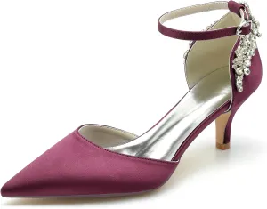 Womens Pointed Toe Ankle Strap Court Shoes Dress Pumps for Bridal with Rhinestone Mid Heel Satin Wedding Shoes