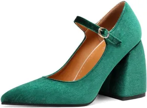 Womens Pointed Toe Mary Jane Pumps Velvet High Chunky Heel Ankle Strap Fashion Dressy Wedding Shoes