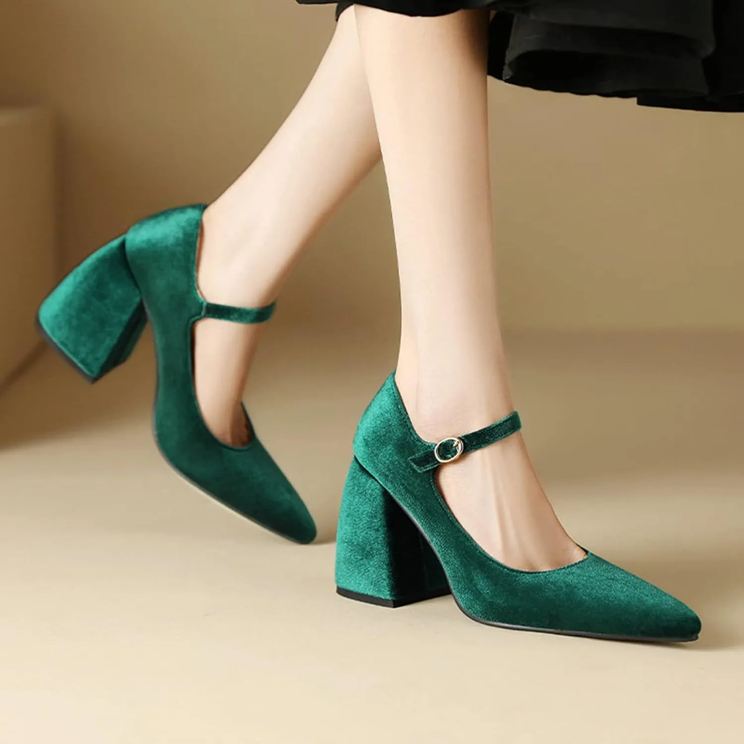 Womens Pointed Toe Mary Jane Pumps Velvet High Chunky Heel Ankle Strap Fashion Dressy Wedding Shoes
