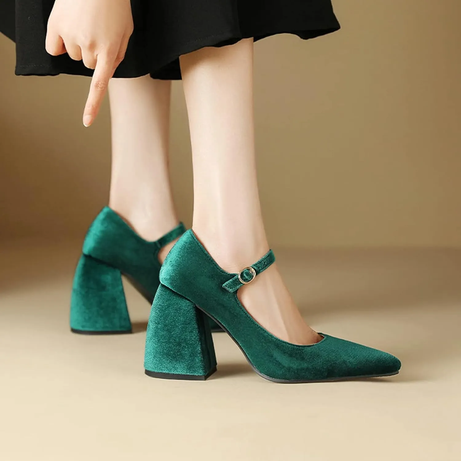 Womens Pointed Toe Mary Jane Pumps Velvet High Chunky Heel Ankle Strap Fashion Dressy Wedding Shoes