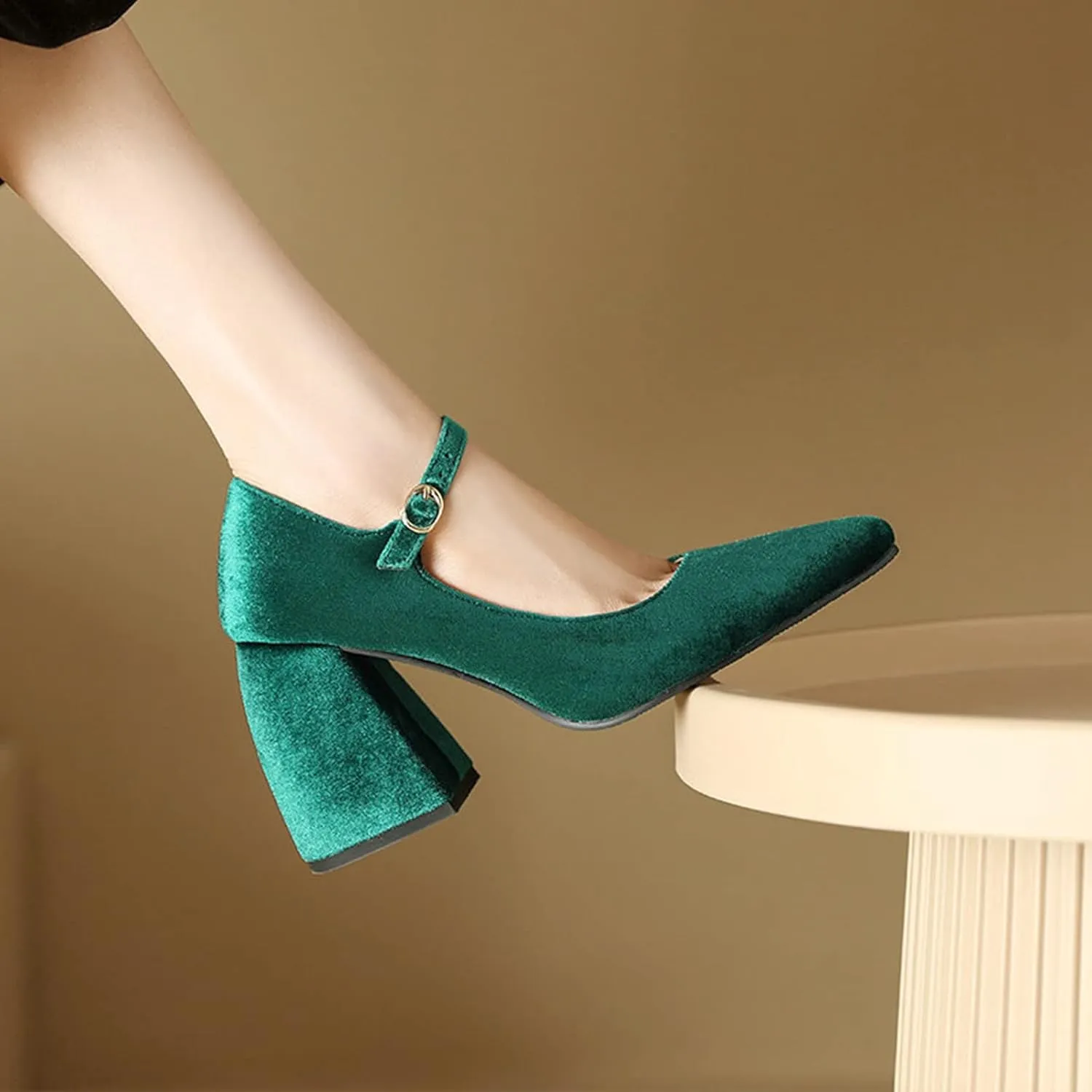 Womens Pointed Toe Mary Jane Pumps Velvet High Chunky Heel Ankle Strap Fashion Dressy Wedding Shoes