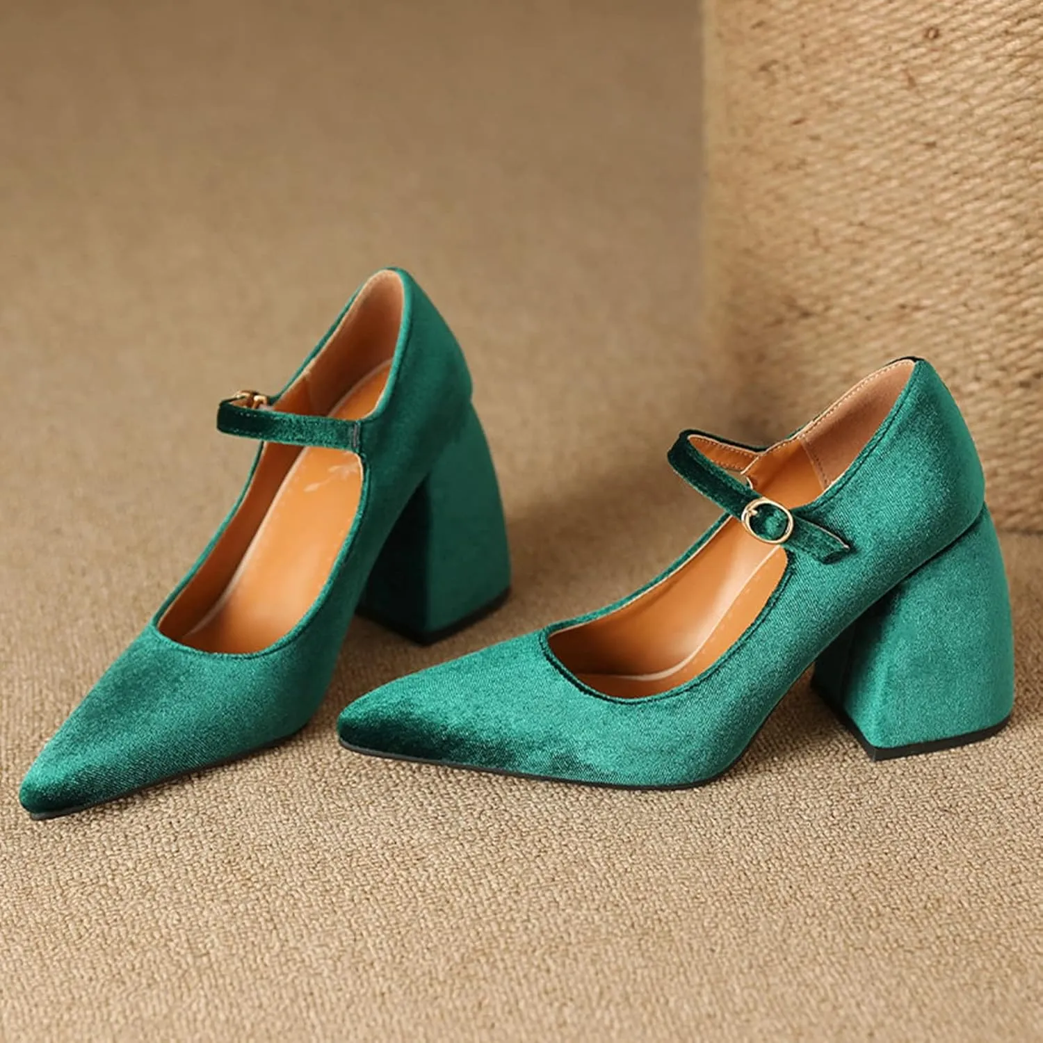 Womens Pointed Toe Mary Jane Pumps Velvet High Chunky Heel Ankle Strap Fashion Dressy Wedding Shoes