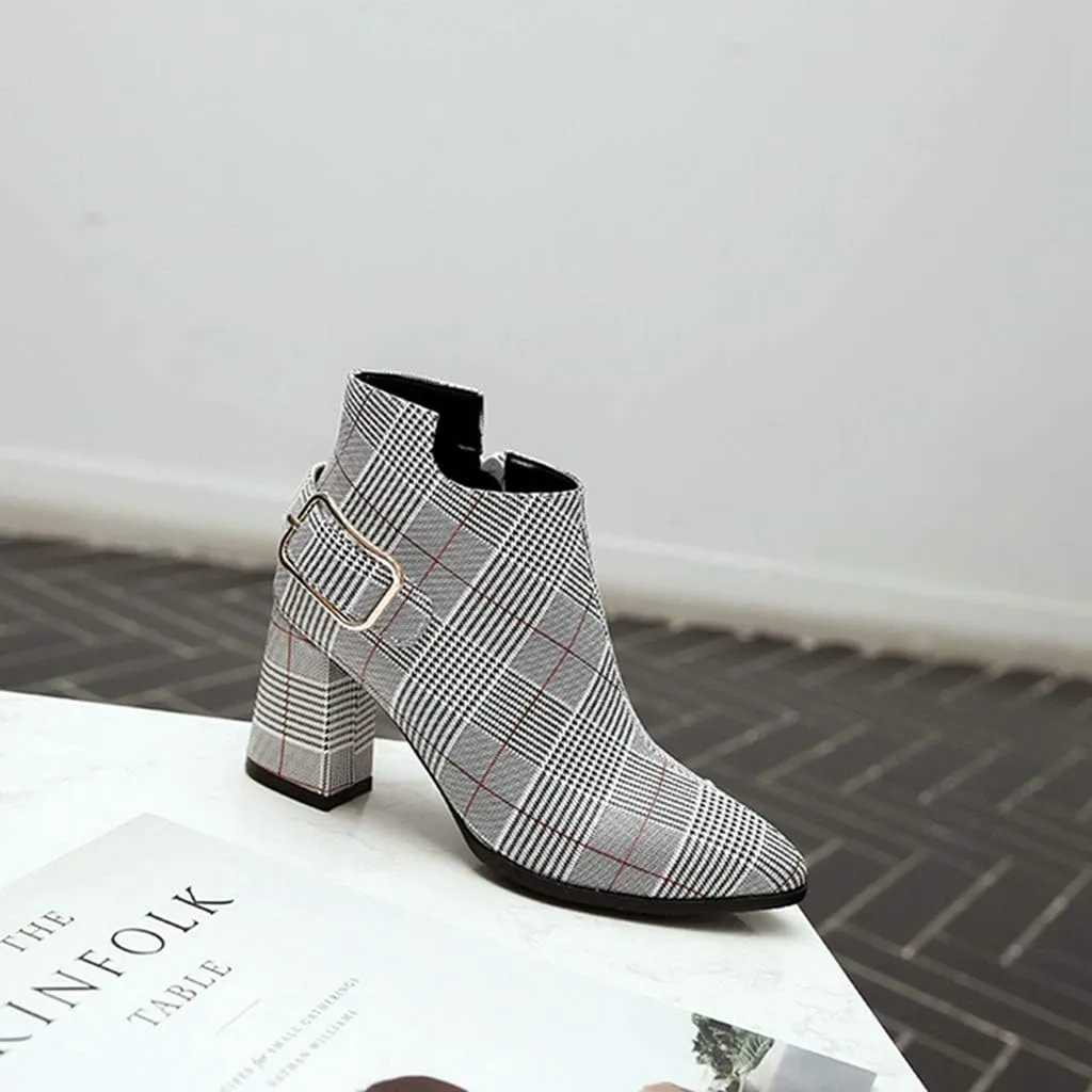 Women's Pointed Toe Plaid Dressy Ankle Boots Buckle Strap Zipper Chunky Block High Heel Short Booties