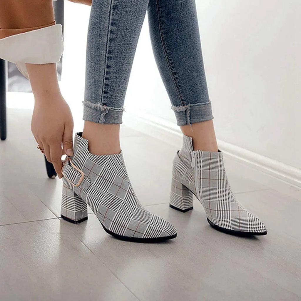 Women's Pointed Toe Plaid Dressy Ankle Boots Buckle Strap Zipper Chunky Block High Heel Short Booties