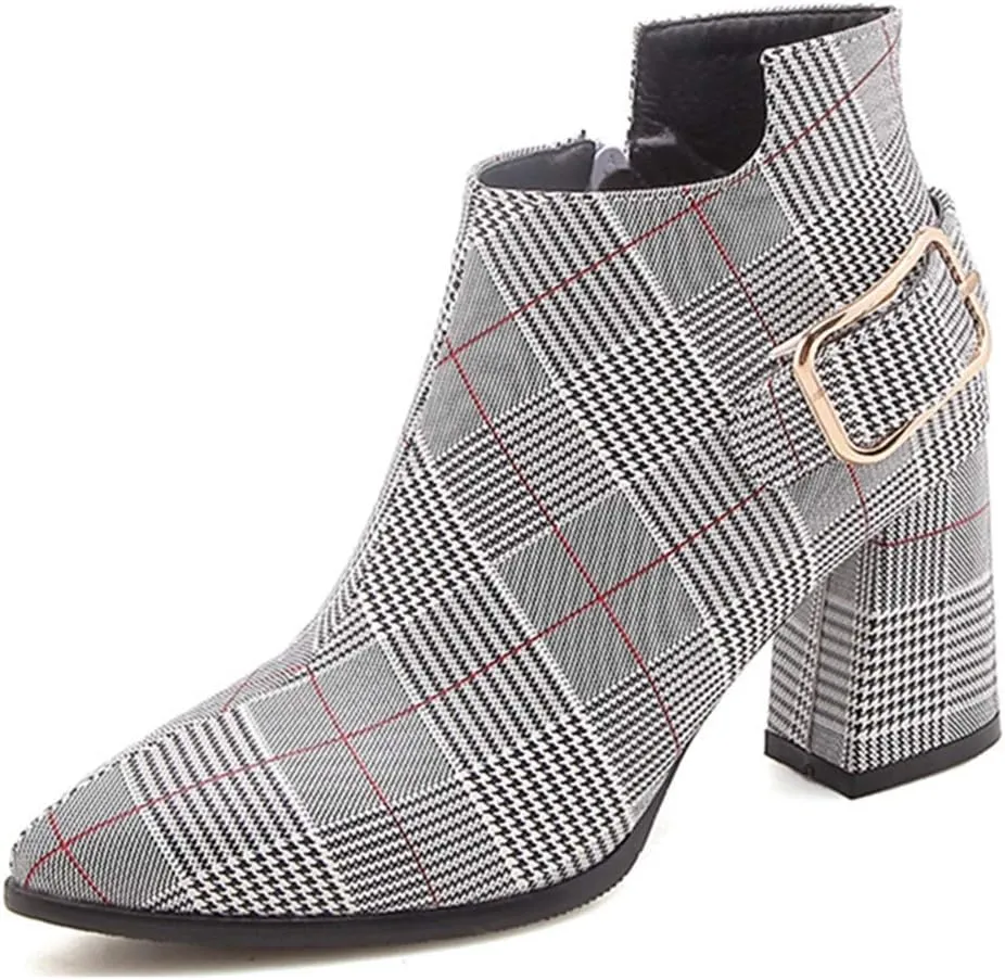 Women's Pointed Toe Plaid Dressy Ankle Boots Buckle Strap Zipper Chunky Block High Heel Short Booties