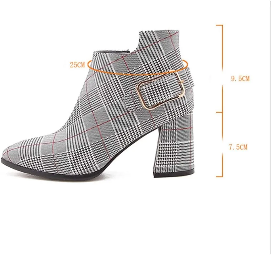 Women's Pointed Toe Plaid Dressy Ankle Boots Buckle Strap Zipper Chunky Block High Heel Short Booties