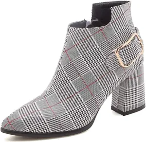 Women's Pointed Toe Plaid Dressy Ankle Boots Buckle Strap Zipper Chunky Block High Heel Short Booties