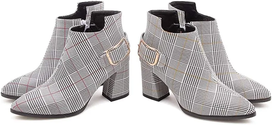 Women's Pointed Toe Plaid Dressy Ankle Boots Buckle Strap Zipper Chunky Block High Heel Short Booties
