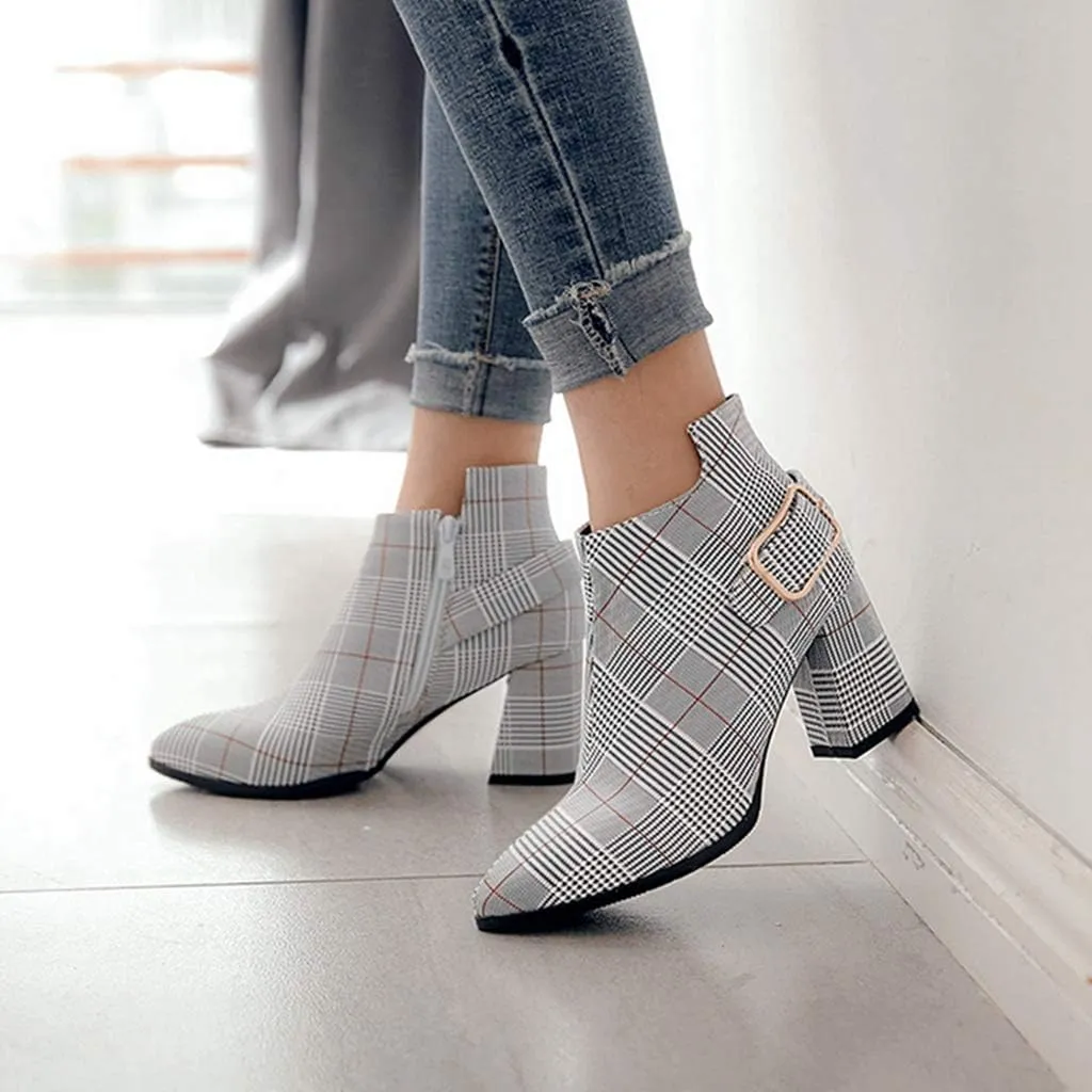Women's Pointed Toe Plaid Dressy Ankle Boots Buckle Strap Zipper Chunky Block High Heel Short Booties
