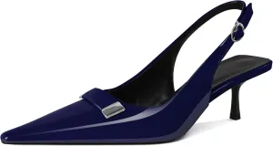 Women's Pointed Toe Slingback Heels Metal Buckle Ankle Strap Kitten Low Heel Pumps 2 Inch Stylish Retro Women Shoes