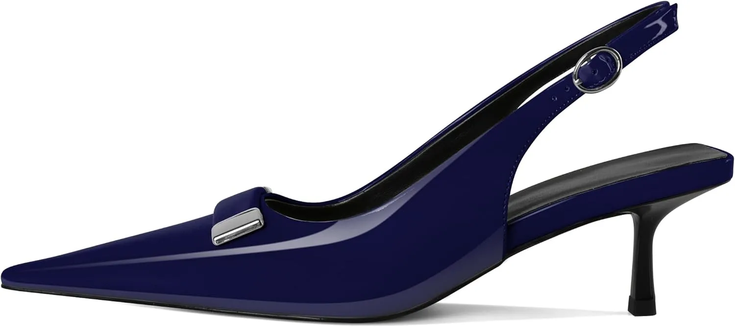 Women's Pointed Toe Slingback Heels Metal Buckle Ankle Strap Kitten Low Heel Pumps 2 Inch Stylish Retro Women Shoes