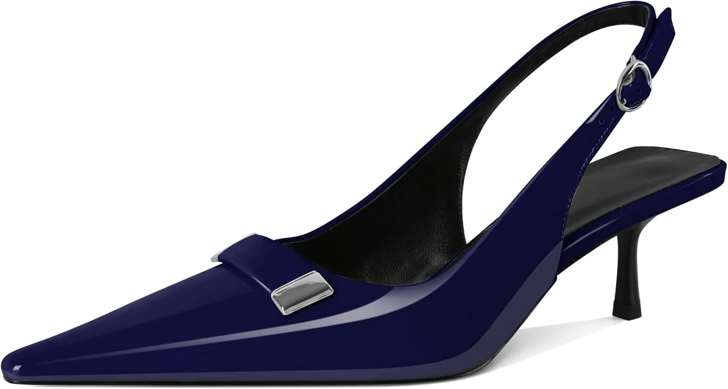 Women's Pointed Toe Slingback Heels Metal Buckle Ankle Strap Kitten Low Heel Pumps 2 Inch Stylish Retro Women Shoes
