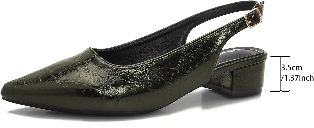 Women's Pointy Closed Toe Block Slingback Pumps Comfortable 1 Inch Low Chunky Backless Heels for Women Office Party Dance Ankle Strap Slingback Shoes