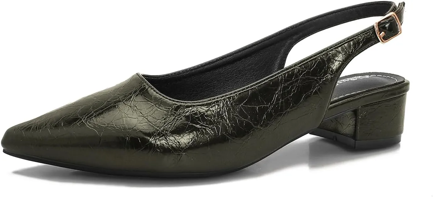 Women's Pointy Closed Toe Block Slingback Pumps Comfortable 1 Inch Low Chunky Backless Heels for Women Office Party Dance Ankle Strap Slingback Shoes