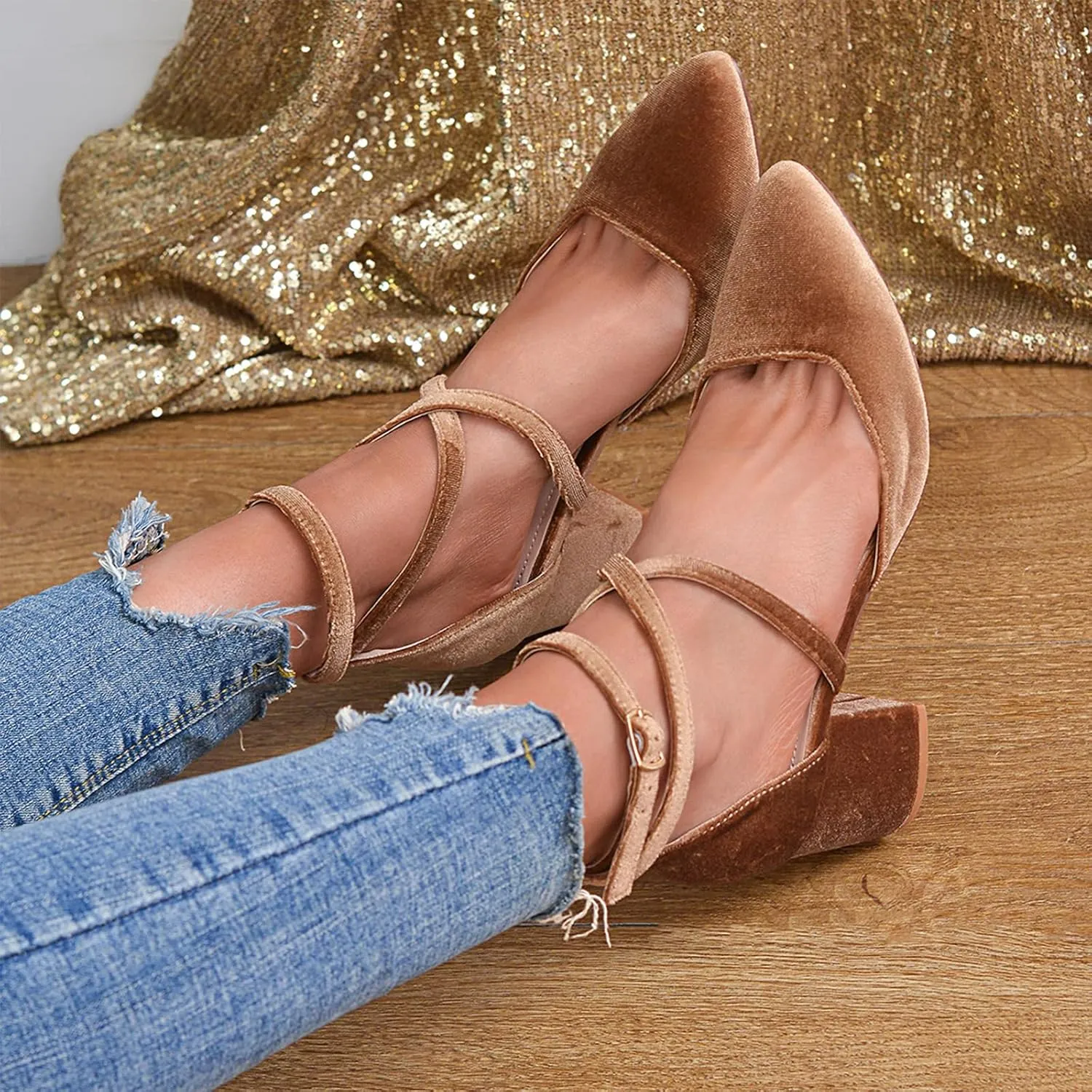 Women's Pumps Low Chunky Heeled Pump Shoes 2.3 Inch Closed Pointed Toe Cross Ankle Strap Wedding Bridal Party Office Dress Shoes