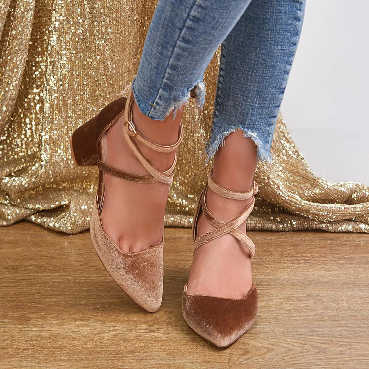 Women's Pumps Low Chunky Heeled Pump Shoes 2.3 Inch Closed Pointed Toe Cross Ankle Strap Wedding Bridal Party Office Dress Shoes