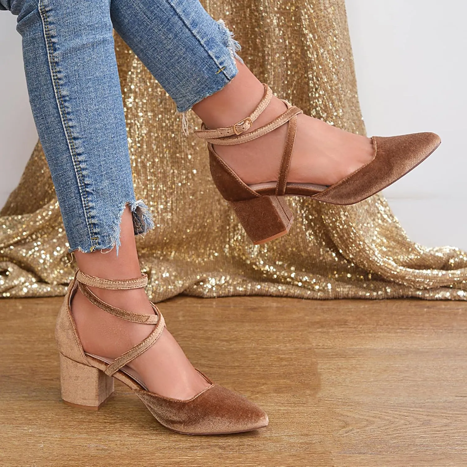 Women's Pumps Low Chunky Heeled Pump Shoes 2.3 Inch Closed Pointed Toe Cross Ankle Strap Wedding Bridal Party Office Dress Shoes