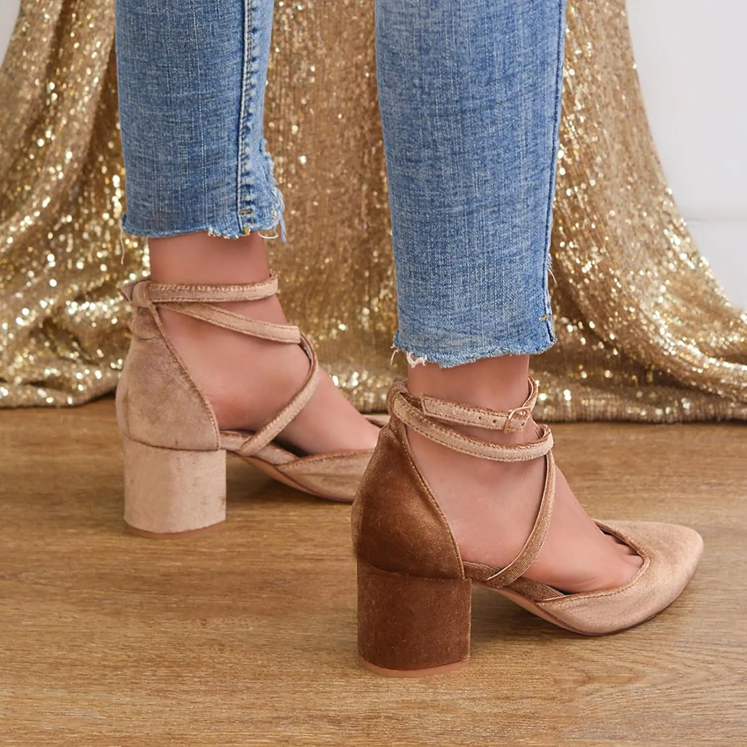 Women's Pumps Low Chunky Heeled Pump Shoes 2.3 Inch Closed Pointed Toe Cross Ankle Strap Wedding Bridal Party Office Dress Shoes