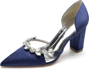 Women's Rhinestone Heel Dress Pumps Closed Pointed Toe Wedding Party Shoes Slip on Bridal Shoes Satin Court Shoes