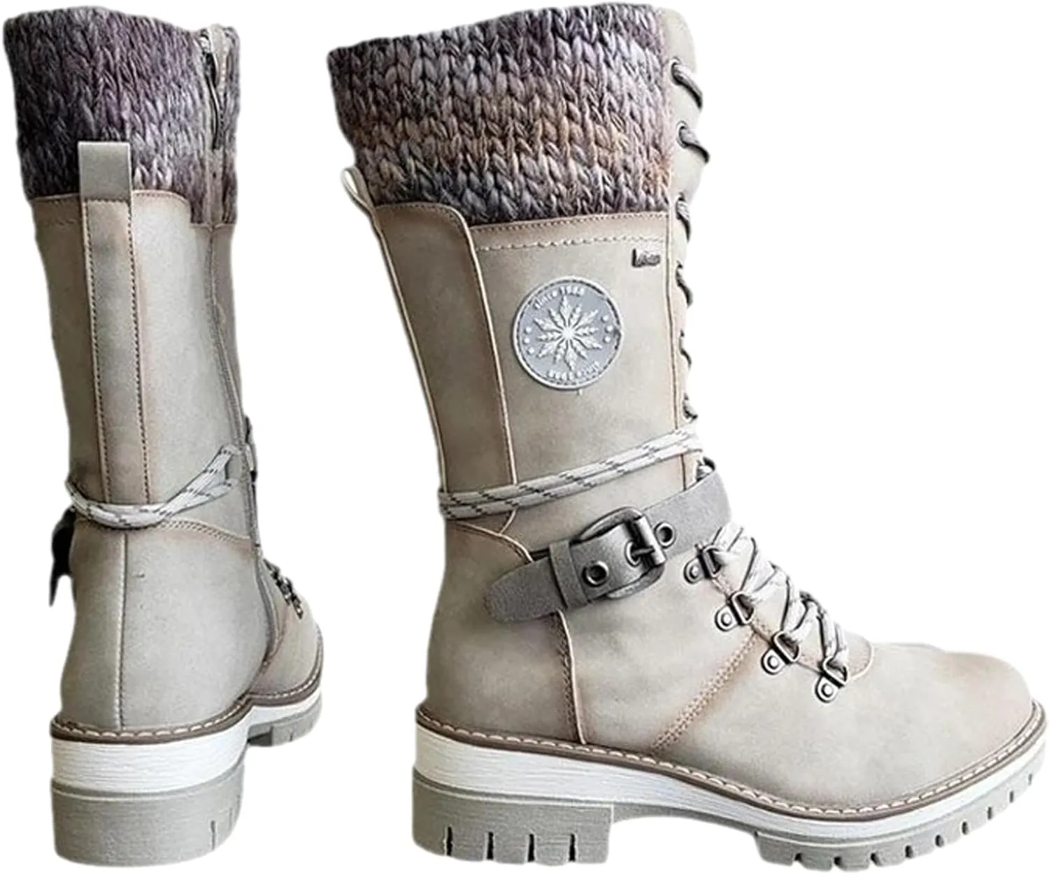 Women's Round Toe Low Heel Non-slip Lace up Mid Calf Motorcycle Side Zipper Combat Cowboy Riding Boots