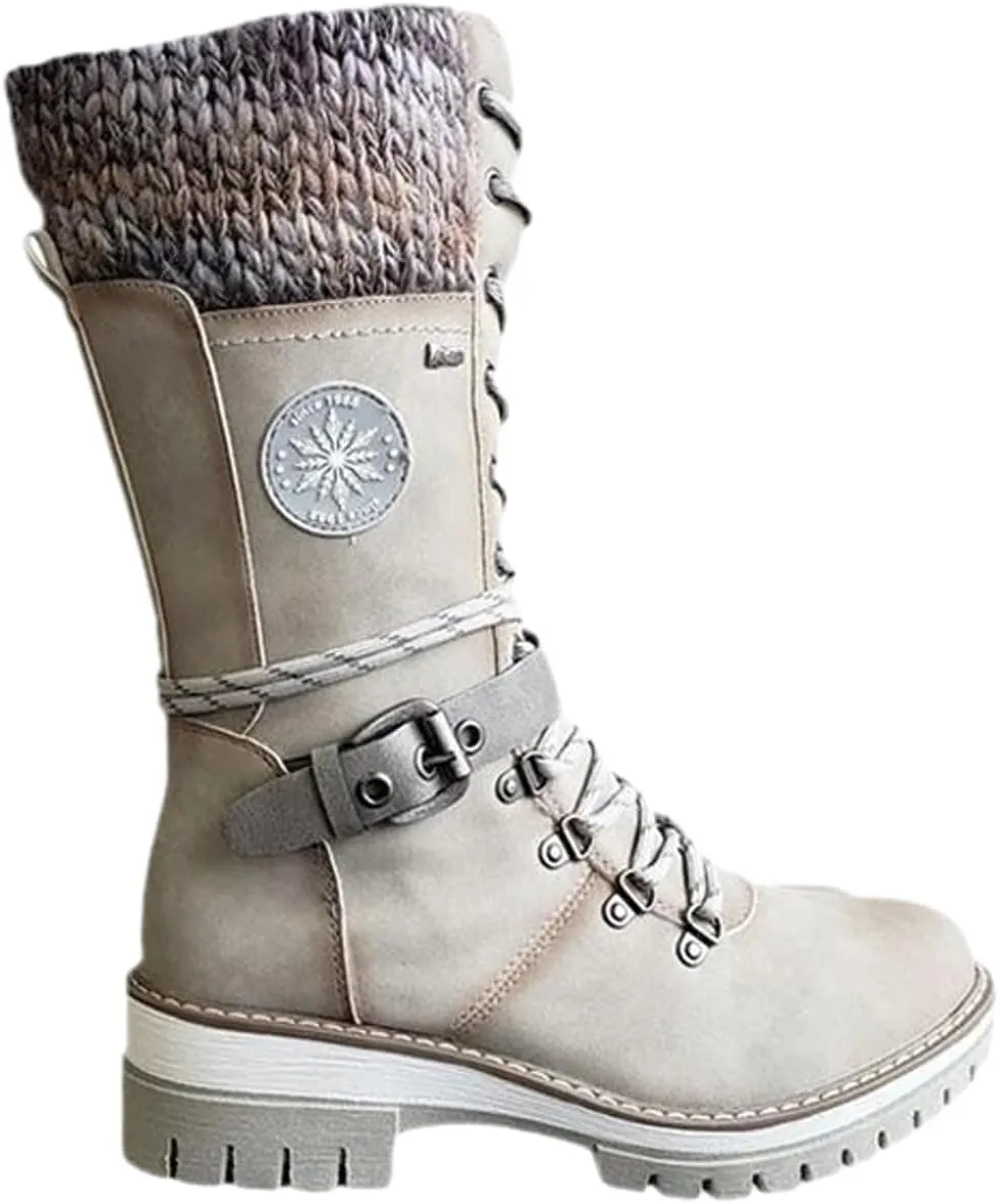 Women's Round Toe Low Heel Non-slip Lace up Mid Calf Motorcycle Side Zipper Combat Cowboy Riding Boots