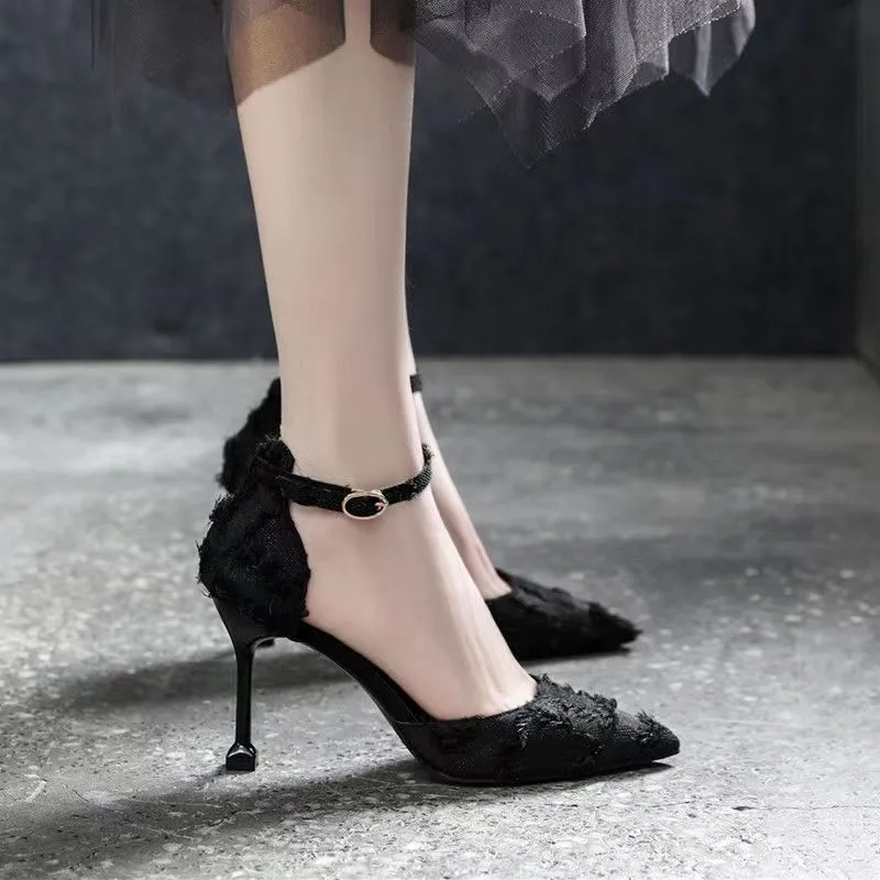 Women's Rubber Stiletto Suede Pointed Toe Ankle-strap Buckle High Heels