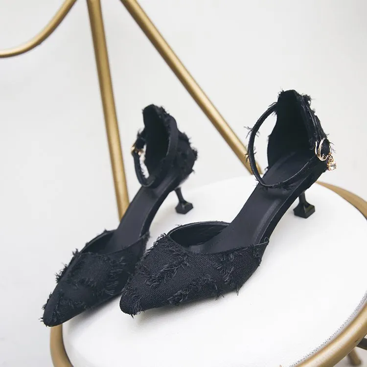 Women's Rubber Stiletto Suede Pointed Toe Ankle-strap Buckle High Heels