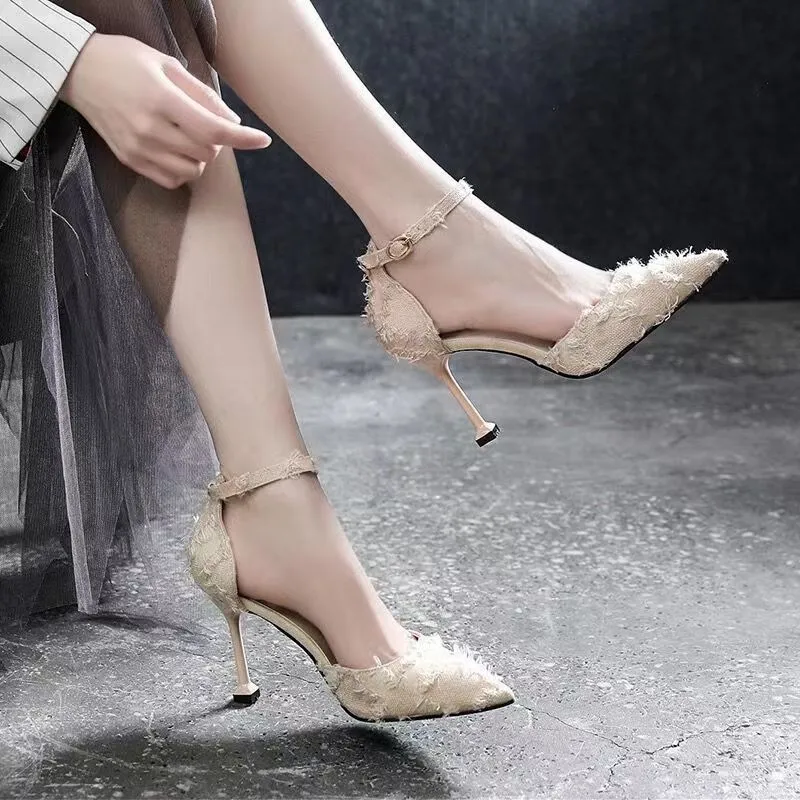 Women's Rubber Stiletto Suede Pointed Toe Ankle-strap Buckle High Heels