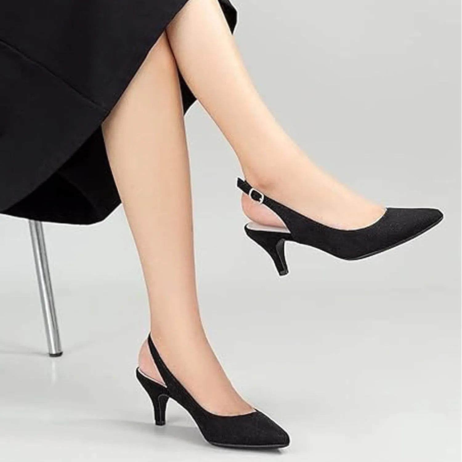 Womens Satin Pointed Toe Kitten Heel Slingback Pumps Fashion Closed-Toe Comfort Low Heel Sexy Dressy Sandals with Adjust Ankle Strap for Daily Party Office