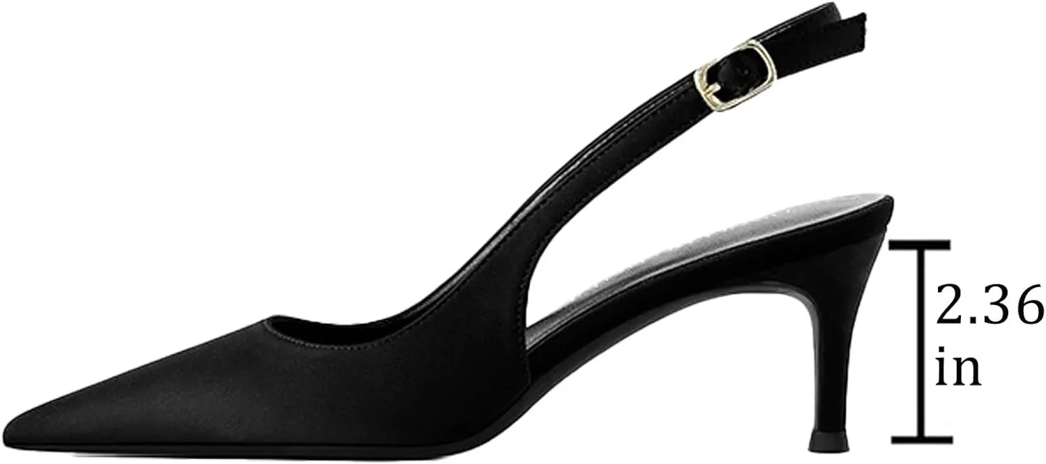 Womens Satin Pointed Toe Kitten Heel Slingback Pumps Fashion Closed-Toe Comfort Low Heel Sexy Dressy Sandals with Adjust Ankle Strap for Daily Party Office