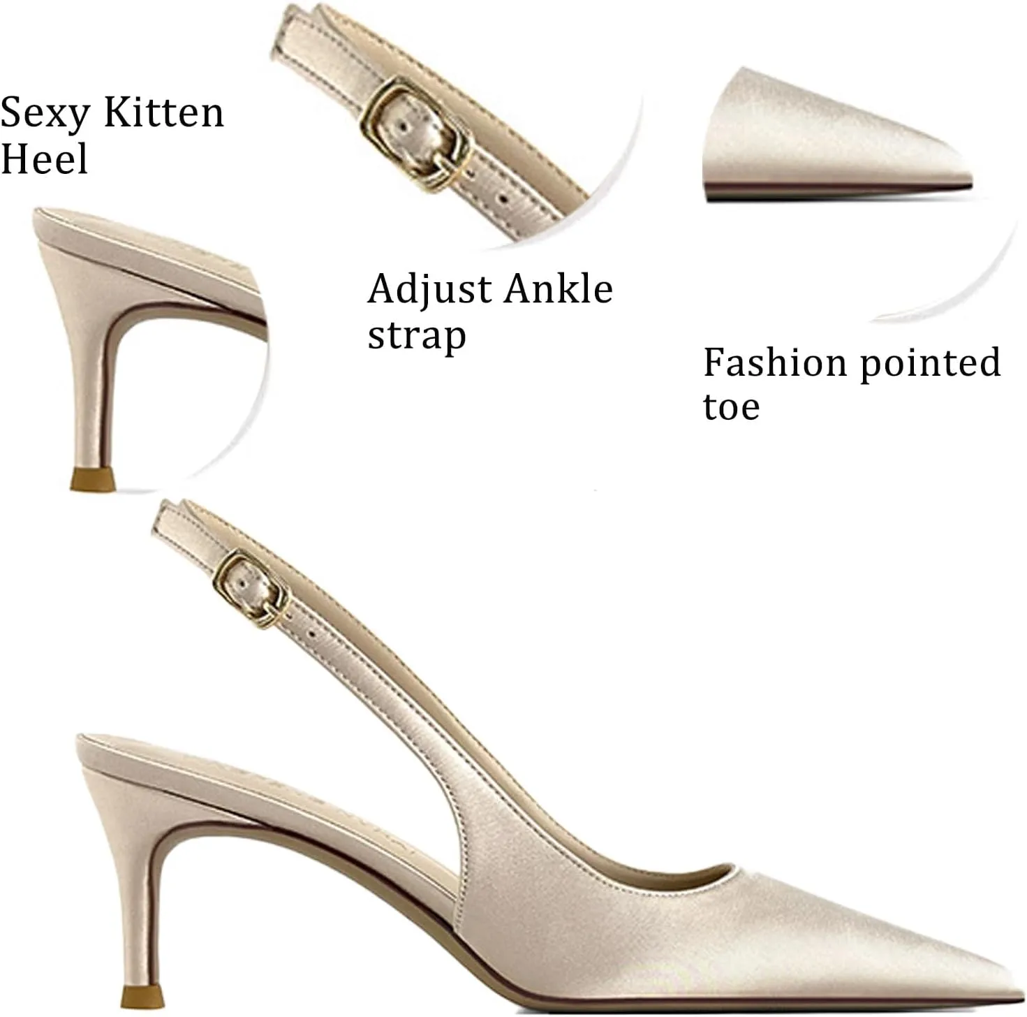 Womens Satin Pointed Toe Kitten Heel Slingback Pumps Fashion Closed-Toe Comfort Low Heel Sexy Dressy Sandals with Adjust Ankle Strap for Daily Party Office