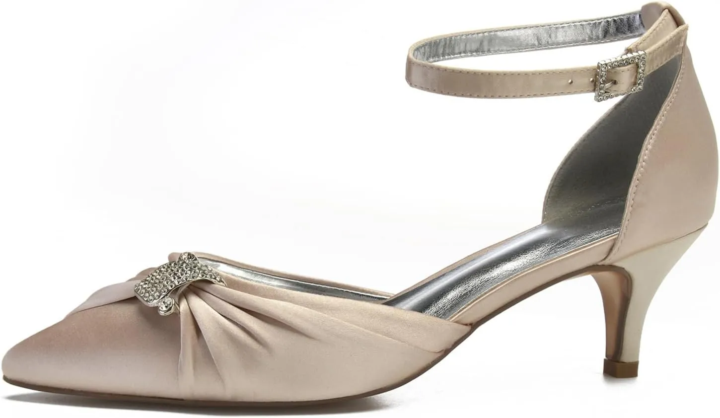 Women's Satin Wedding Shoes for Bride Pointed Toe Formal Prom Party Comfortable Ballet Crystal High Heels Closed Toe Bridal Sandals Stiletto Ankle Strap Toe Wedding Dress Shoes