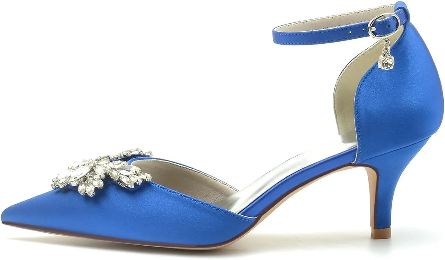 Women's Satin with Crystal Party Dress Sandals Ankle Strap Pointed Toe Pumps Heel Wedding Shoes for Bridal